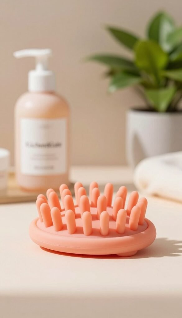 A silicone scalp massager designed for hair care, featuring soft, gently rounded bristles for an effective and relaxing experience. In the foreground, the massager is prominently displayed, showcasing its ergonomic design and vibrant color against a soft, blurred background of a serene bathroom setting. The middle ground includes a stylish shampoo bottle and a lush green plant, enhancing the natural aesthetic. The background softly fades into warm, inviting pastel tones, creating a calming atmosphere. Soft, natural lighting illuminates the scene, casting gentle shadows that add depth. The overall mood exudes tranquility and self-care, perfect for a beauty enthusiast's routine. Brand name "KüchenKiste" subtly included within the design.