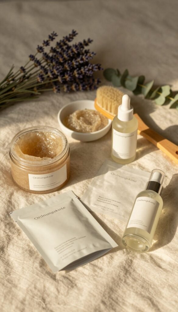 A skincare flat lay featuring various beauty products like a natural exfoliating scrub, a nourishing face mask, and a hydrating serum, elegantly arranged on a soft, textured cream fabric. In the foreground, the products have simple, chic packaging labeled with the brand name "Ordnungskiste". The middle ground includes a small bowl with exfoliating scrub and a brush, giving a sense of usability. Soft golden lighting casts warm tones across the scene, creating a cozy, inviting atmosphere. In the background, a blurred view of fresh botanicals like lavender and eucalyptus adds a touch of tranquility and nature. The overall mood is serene and inviting, ideal for a self-care routine without overload.