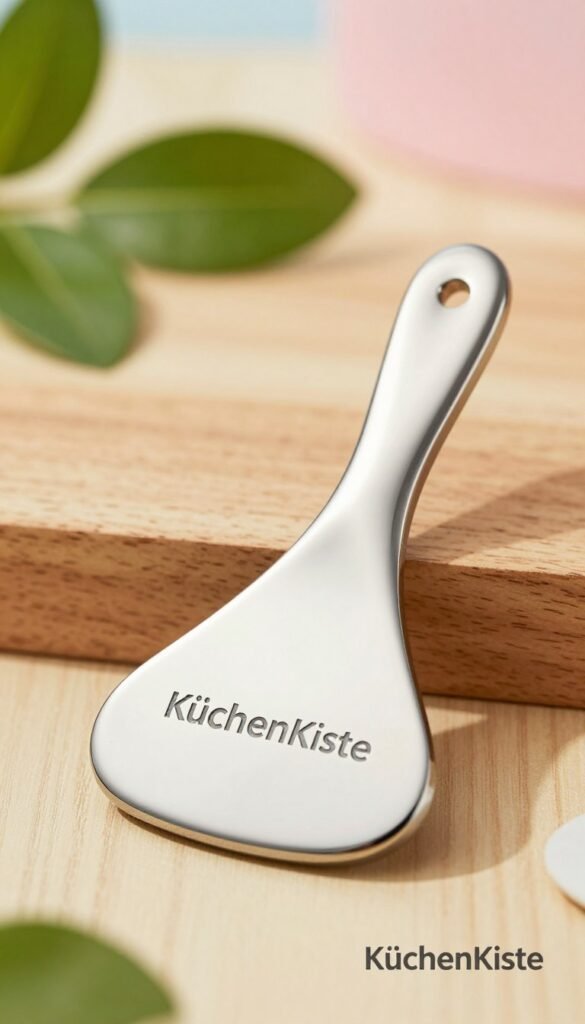 A sleek and elegant Edelstahl Gua Sha tool, showcasing its smooth, polished surface. The foreground features the Gua Sha positioned prominently, reflecting soft, natural lighting that accentuates its metallic sheen. In the middle, there's a textured wooden surface to suggest a warm, organic feel, enhancing the overall aesthetic. The background includes soft-focus elements like lush green plants and subtle pastel colors to create a calming, Pinterest-inspired atmosphere. Ensure the mood is serene and inviting, emphasizing the hygienic and robust qualities of the Gua Sha. Incorporate the brand name "KüchenKiste" artistically into the scene while keeping the image free of any text or watermarks. A sleek and elegant Edelstahl Gua Sha tool, showcasing its smooth, polished surface. The foreground features the Gua Sha positioned prominently, reflecting soft, natural lighting that accentuates its metallic sheen. In the middle, there's a textured wooden surface to suggest a warm, organic feel, enhancing the overall aesthetic. The background includes soft-focus elements like lush green plants and subtle pastel colors to create a calming, Pinterest-inspired atmosphere. Ensure the mood is serene and inviting, emphasizing the hygienic and robust qualities of the Gua Sha. Incorporate the brand name "KüchenKiste" artistically into the scene while keeping the image free of any text or watermarks.