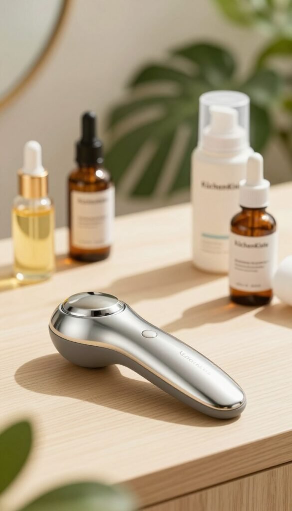 A sleek and innovative skincare device designed for beauty care, prominently displayed on a light wooden surface. In the foreground, the device with a smooth, ergonomic shape made of high-quality stainless steel and soft-touch silicone parts glimmers under warm, natural lighting. The middle ground features natural beauty products like organic oils and serums in elegant packaging, enhancing the tool's context within a skincare routine. The background includes soft-focus greenery, creating a calming ambiance that evokes a sense of wellness and tranquility. The overall mood is inviting and modern, with a Pinterest-inspired aesthetic. Include the brand name "KüchenKiste" subtly integrated into the composition, focusing on the device without any text or watermarks.