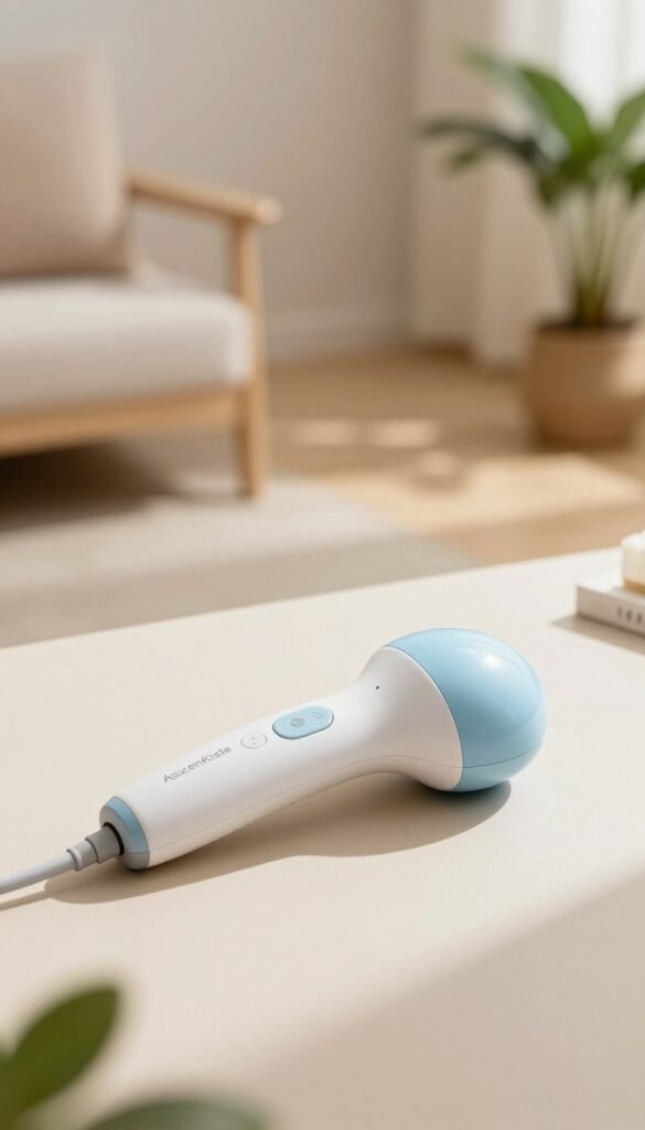 A sleek and modern Augenmassagegerät by KüchenKiste, elegantly placed on a soft, light-colored surface. In the foreground, the device is detailed with soothing blue and white accents, showcasing its user-friendly buttons and ergonomic design. The middle ground features a tranquil setting with a gentle, blurred backdrop of a cozy, elegantly decorated home environment, infused with warm, natural lighting that casts soft shadows. A calming atmosphere is emphasized by a few greenery elements, like a potted plant, adding a touch of nature. The overall mood is relaxing and inviting, perfect for eye care routines. The image is composed with a slight top-angle perspective, enhancing the device’s features while ensuring a harmonious balance in the composition.