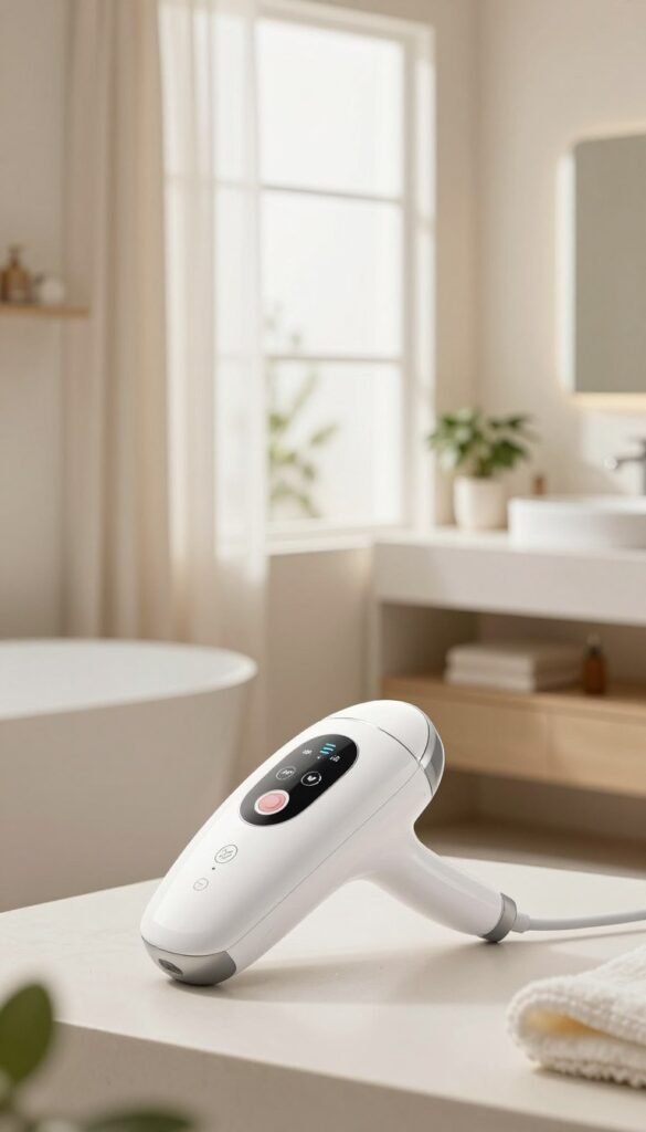 A sleek and modern IPL hair removal device by KüchenKiste is prominently displayed in the foreground, showcasing its sophisticated design with a glossy white finish and intuitive control panel. The middle layer features a serene and well-lit bathroom setting, with soft natural light filtering through a large window adorned with sheer curtains, enhancing the warm and inviting atmosphere. In the background, a minimalistic vanity is visible, accessorized with elegant skincare products and a small potted plant, contributing to the overall Pinterest-inspired aesthetic. The image evokes a sense of calm and professionalism, making it ideal for readers seeking insight into various types of IPL devices available for home use. The scene should be free of any text or watermarks, presenting an authentic visual experience.