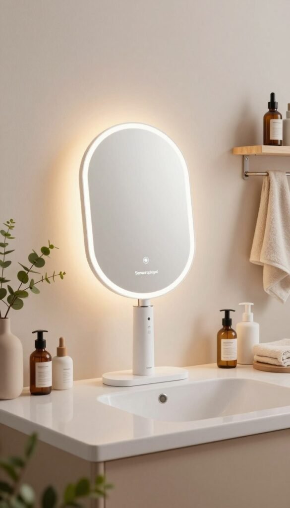 A sleek and modern "Sensorspiegel" beauty tool sits elegantly on a minimalist white bathroom countertop, surrounded by neatly arranged toiletries. The mirror showcases a high-tech interface with soft, ambient lighting that gives a warm glow to the space. In the foreground, delicate plants add a touch of nature, contrasting with the clean lines of the electronics. In the background, a stylish bathroom shelf displays curated beauty products and a soft, fluffy towel, enhancing the organized aesthetic. The overall atmosphere is soothing and refined, invoking a sense of calm and innovation. This image reflects a Pinterest-worthy bathroom with natural tones and an authentic feel, prominently featuring the brand name "KüchenKiste".