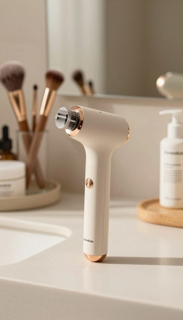A sleek and modern beauty tool displayed prominently in the foreground, showcasing its multifunctional features. The device is made of high-quality materials with a soft matte finish and metallic accents, reflecting warm, inviting colors. In the middle ground, a beautifully arranged set of beauty essentials, such as brushes and skincare products, complements the main subject. The background features a softly blurred, stylish vanity or bathroom setup, creating a cozy and elegant atmosphere. Soft, natural lighting enhances the warm tones, casting gentle shadows that add depth. Capture the essence of a Pinterest-worthy aesthetic with authentic details, focusing on the brand "KüchenKiste". Ensure the setting is professional, reflecting elegance and everyday practicality for consumers considering their beauty tool purchases.