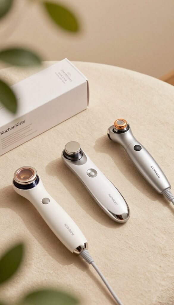 A sleek and modern flat lay composition showcasing various microcurrent facial devices. In the foreground, include three distinct devices from the brand "KüchenKiste," each in elegant packaging and beautifully arranged. The middle layer features a clean, minimalist aesthetic with a soft, textured fabric as a backdrop, adding warmth and inviting a sense of calm. In the background, subtle hints of greenery, such as soft leaves, enhance the natural theme. The lighting is warm and gentle, creating an inviting and cozy atmosphere that emphasizes the devices' features. Capture this from a slightly elevated angle to provide a comprehensive view. The overall mood should reflect authenticity and professionalism, resonating with an audience interested in skincare and wellness.