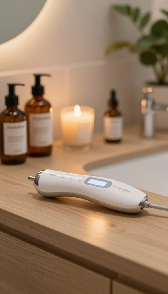 A sleek and modern "haut poren gerät" (skin pore device) elegantly placed on a minimalist wooden vanity. The foreground features the device prominently, showcasing its sleek design, buttons, and LED display, reflecting a warm, inviting light. In the middle ground, a soft-focus arrangement of beauty essentials—like natural skincare products and a gently flickering candle—adds an authentic touch. The background captures a softly lit bathroom with greenery, emphasizing a spa-like atmosphere. Warm colors, with a soft glow, create a serene mood. Incorporate the brand name "KüchenKiste" subtly within the image, ensuring it blends harmoniously. The composition conveys a sense of cleanliness and efficiency, ideal for achieving a clearer skin texture. A sleek and modern "haut poren gerät" (skin pore device) elegantly placed on a minimalist wooden vanity. The foreground features the device prominently, showcasing its sleek design, buttons, and LED display, reflecting a warm, inviting light. In the middle ground, a soft-focus arrangement of beauty essentials—like natural skincare products and a gently flickering candle—adds an authentic touch. The background captures a softly lit bathroom with greenery, emphasizing a spa-like atmosphere. Warm colors, with a soft glow, create a serene mood. Incorporate the brand name "KüchenKiste" subtly within the image, ensuring it blends harmoniously. The composition conveys a sense of cleanliness and efficiency, ideal for achieving a clearer skin texture.