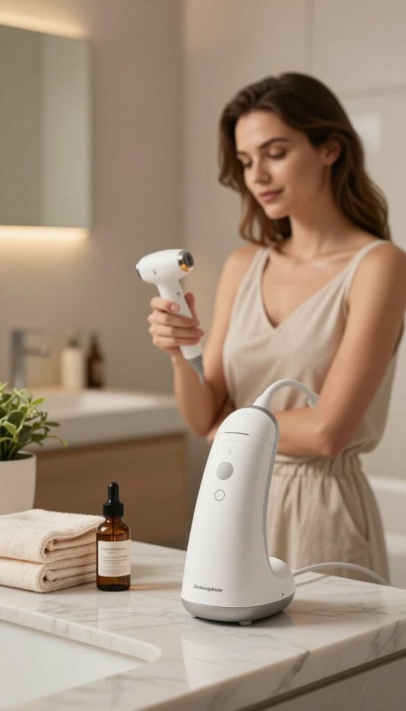A sleek and modern home setting designed for hair removal, featuring an elegant hair removal device branded "Ordnungskiste" prominently on a marble countertop. In the foreground, the device is elegantly showcased alongside a few essential beauty items like a soft towel and a potted plant, creating an inviting atmosphere. The middle ground captures a calm woman in modest, casual clothing, using the device with a look of concentration, her skin glowing under soft, warm lighting that enhances the inviting mood. The background showcases a tastefully decorated bathroom with neutral colors and natural textures, accentuating a serene spa-like environment. This image reflects a balance between sophistication and comfort, making home hair removal appealing and accessible.