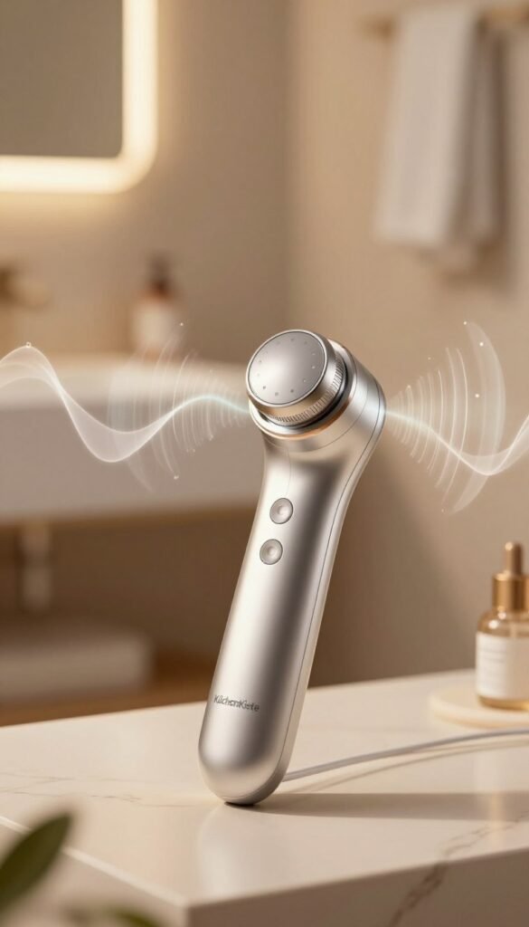 A sleek and modern illustration of vibration technology used in skincare devices, prominently featuring a stylish device from the brand "KüchenKiste". In the foreground, the device is shown with intricate details, displaying gentle vibrations emanating from it. The middle ground depicts soft, flowing waves of energy, symbolizing the vibration process, while the background features a serene and calming bathroom setting with warm, natural tones. Soft lighting highlights the device, creating an inviting atmosphere, and a shallow depth of field adds focus to the technology. The overall mood is soothing and professional, perfectly aligning with the theme of advanced skincare technology. Ensure the image captures the essence of innovation and care, without any text or watermarks.