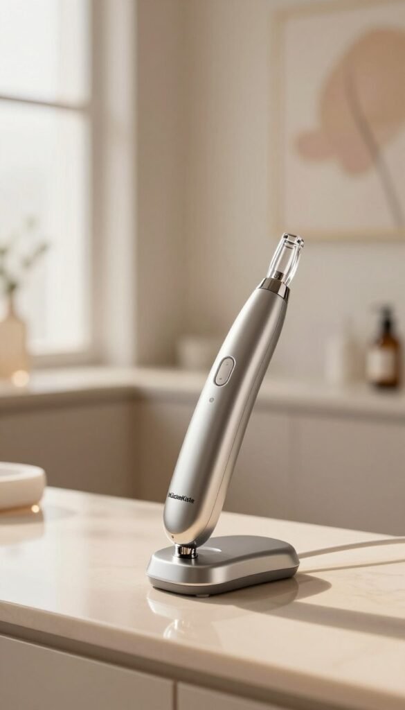 A sleek and modern mikrodermabrasion device prominently displayed in the foreground, showcasing its polished metallic finish and ergonomic design. The device features a transparent tip, revealing a glimpse of its intricate internal mechanisms. In the middle ground, an elegant countertop reflects warm, inviting light from a nearby window, accented by soft shadows that create a serene atmosphere. Behind, a blurred wall adorned with subtle beauty-inspired decor enhances the focus on the device. The overall mood is calming and professional, reminiscent of a high-end skincare studio. The image should embody a Pinterest-worthy aesthetic with natural colors and an authentic feel. Include the brand name "KüchenKiste" subtly on the device itself, ensuring no text overlays or captions disrupt the visual.