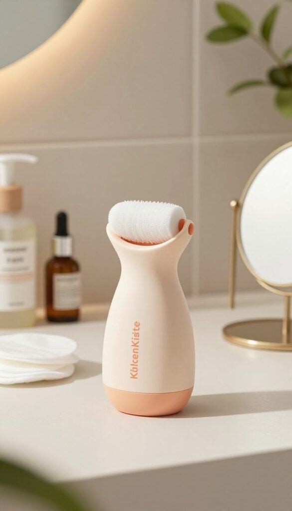 A sleek and modern pore cleanser by the brand "KüchenKiste" sits prominently in the foreground, showcasing its ergonomic design and soft, pastel-colored casing. Surrounding the tool are essential beauty accessories like cotton pads, a small mirror, and natural skincare products, creating an organized and inviting display. Soft, ambient lighting illuminates the scene, casting gentle shadows and highlighting the tool’s contours. In the background, a bathroom setting with pale-colored tiles and greenery can be seen, enhancing the overall tranquil atmosphere. The image evokes a sense of cleanliness and elegance, displaying the pore cleanser as a must-have beauty tool that epitomizes functionality and style, perfect for compact bathroom spaces.