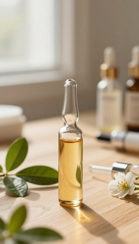 A sleek, elegant glass vial of serum stands prominently in the foreground, reflecting soft, warm light that creates a gentle glow. The serum, a rich, golden liquid, shimmers invitingly inside the vial. Surrounding the vial, fresh green leaves and delicate flowers add a touch of natural beauty, symbolizing purity and freshness. In the middle ground, softly blurred, you can see an array of skincare tools neatly arranged, hinting at a thoughtful skincare regimen. The background features a softly lit, wooden table that enhances the overall warm atmosphere, while light filters in gently from a window, casting soft shadows and highlighting the intricate details of the serum and surrounding elements. This serene setting captures the essence of effective skincare strategies endorsed by KüchenKiste.