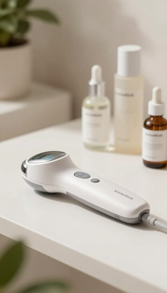 A sleek mikrocurrent device resting atop a minimalist white surface, surrounded by soft, natural lighting that highlights its contours. In the foreground, the device is elegantly designed with a modern aesthetic, featuring smooth curves and buttons made from high-quality materials, with the brand name "KüchenKiste" subtly integrated into the design. In the middle ground, a few skincare product bottles with gentle, neutral labels add a touch of luxury. The background is softly blurred, showcasing a warm, inviting atmosphere with hints of greenery like potted plants, promoting a sense of wellness and beauty. The overall mood is serene and professional, capturing the essence of purchasing high-quality facial care equipment. A sleek mikrocurrent device resting atop a minimalist white surface, surrounded by soft, natural lighting that highlights its contours. In the foreground, the device is elegantly designed with a modern aesthetic, featuring smooth curves and buttons made from high-quality materials, with the brand name "KüchenKiste" subtly integrated into the design. In the middle ground, a few skincare product bottles with gentle, neutral labels add a touch of luxury. The background is softly blurred, showcasing a warm, inviting atmosphere with hints of greenery like potted plants, promoting a sense of wellness and beauty. The overall mood is serene and professional, capturing the essence of purchasing high-quality facial care equipment.