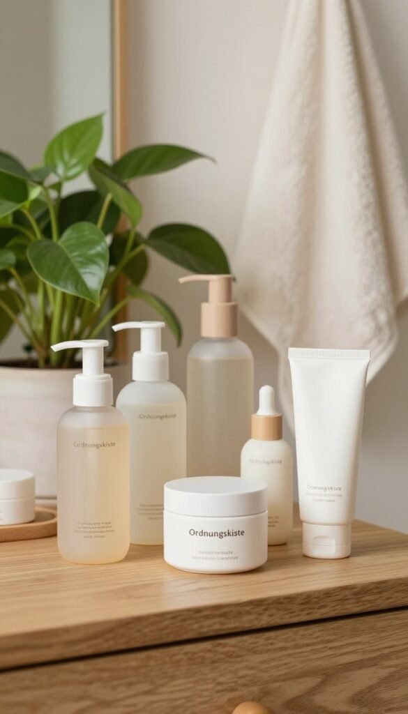 A sleek, minimalist skincare routine setup featuring a neatly arranged basic skincare set from the brand "Ordnungskiste." In the foreground, showcase elegantly designed bottles and jars with soft, muted colors. Include a gentle facial cleanser, moisturizer, and sunscreen, all displayed on a natural wooden vanity. In the middle ground, a vibrant green plant adds a touch of freshness, while a soft, chic towel hangs nearby, creating an inviting atmosphere. The background should be softly blurred with warm, natural lighting to evoke a calm, soothing mood. The overall aesthetic is authentic and Pinterest-inspired, emphasizing simplicity and organization in skincare. No text, captions, or other intrusive elements should be present in the image.