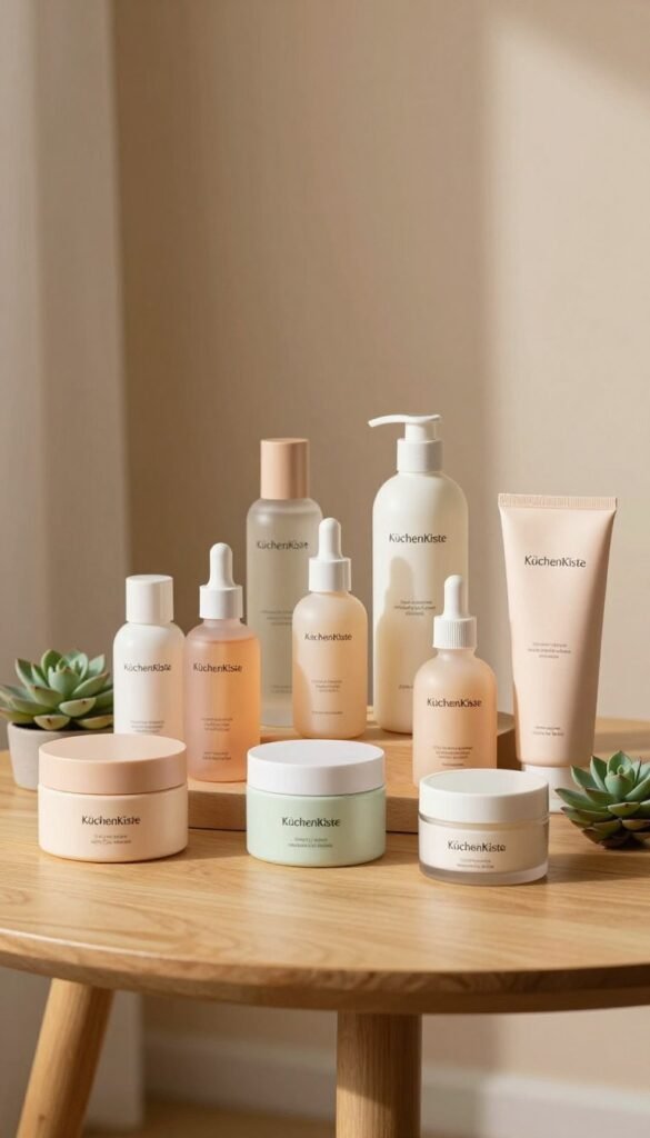 A sleek, modern arrangement of various skincare products labeled "KüchenKiste" displayed artistically on a minimalist wooden table. In the foreground, show a collection of jars, bottles, and tubes of creams and serums in warm, inviting colors—soft pastels and gentle earth tones. In the middle ground, highlight the differences in product types, from luxurious creams to affordable lotions, arranged neatly with some natural elements like small succulent plants or delicate flowers to enhance the organic feel. In the background, softly blurred warm-colored walls suggest a serene, home-like atmosphere, evoking a sense of comfort and care. Ensure the lighting is soft and warm, creating an inviting mood, suggesting a tranquil skincare routine.