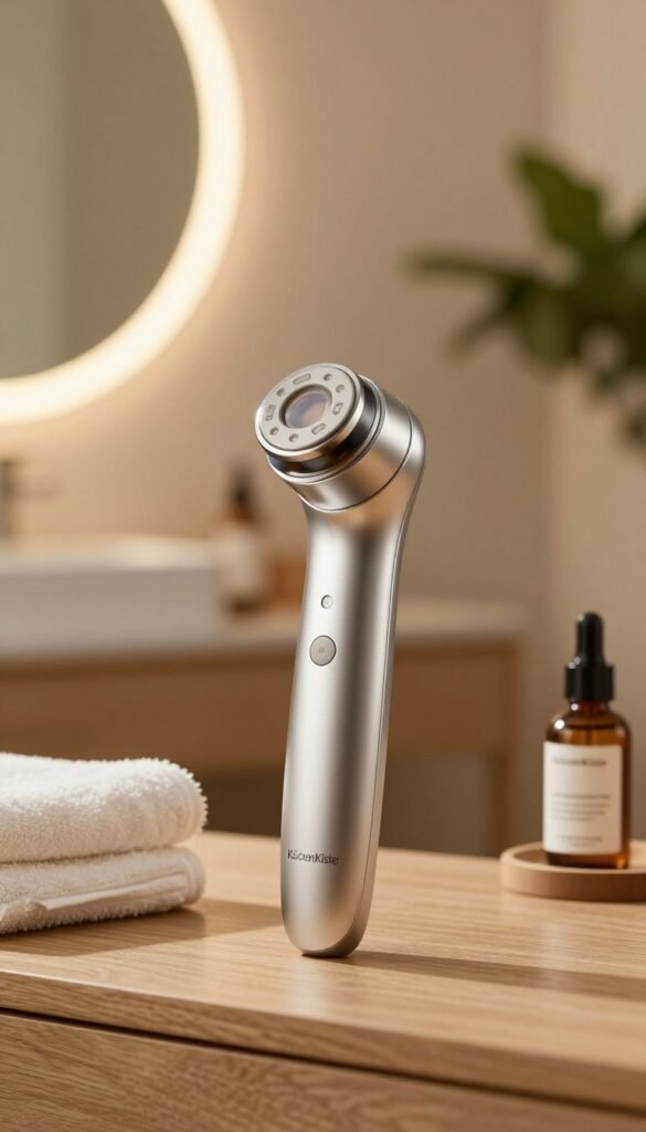 A sleek, modern beauty device sits prominently in the foreground, showcasing a variety of skin care functionalities such as facial cleansing, lifting, and rejuvenation. Its design features smooth lines, a metallic finish, and an ergonomic shape, evoking a sense of advanced technology. The middle ground includes subtle hints of cozy beauty settings—a wooden vanity adorned with soft towels and natural skincare products, creating an inviting atmosphere. In the background, soft, warm lighting creates a tranquil ambiance, with blurred plants and softly illuminated mirrors enhancing the natural, Pinterest-inspired aesthetic. The color palette consists of warm, earthy tones to convey authenticity. The image embodies professionalism, designed to reflect the essence of innovative skincare technology, branded with "KüchenKiste" subtly integrated into the scene without text. A sleek, modern beauty device sits prominently in the foreground, showcasing a variety of skin care functionalities such as facial cleansing, lifting, and rejuvenation. Its design features smooth lines, a metallic finish, and an ergonomic shape, evoking a sense of advanced technology. The middle ground includes subtle hints of cozy beauty settings—a wooden vanity adorned with soft towels and natural skincare products, creating an inviting atmosphere. In the background, soft, warm lighting creates a tranquil ambiance, with blurred plants and softly illuminated mirrors enhancing the natural, Pinterest-inspired aesthetic. The color palette consists of warm, earthy tones to convey authenticity. The image embodies professionalism, designed to reflect the essence of innovative skincare technology, branded with "KüchenKiste" subtly integrated into the scene without text.