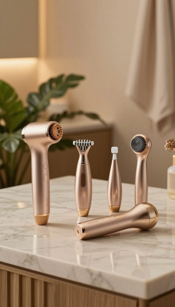 A sleek, modern beauty tool set featuring a microcurrent device, EMS applicator, and radiofrequency tool, beautifully displayed on a marble countertop. In the foreground, the tools are elegantly arranged, showcasing their metallic finishes and ergonomic designs with a soft glow reflecting off their surfaces. In the middle, a subtle arrangement of lush, green plants adds a touch of freshness, contributing to a serene spa-like atmosphere. In the background, warm, soft lighting enhances the inviting mood, with hints of natural textures like bamboo and soft fabric flowing behind the set. The overall color palette consists of warm tones, creating a cozy, authentic feel. The brand logo "KüchenKiste" subtly appears as part of the design elements, seamlessly integrating into the ambiance without overshadowing the main subjects. The composition evokes a sense of luxury and self-care, perfect for personal wellness routines. A sleek, modern beauty tool set featuring a microcurrent device, EMS applicator, and radiofrequency tool, beautifully displayed on a marble countertop. In the foreground, the tools are elegantly arranged, showcasing their metallic finishes and ergonomic designs with a soft glow reflecting off their surfaces. In the middle, a subtle arrangement of lush, green plants adds a touch of freshness, contributing to a serene spa-like atmosphere. In the background, warm, soft lighting enhances the inviting mood, with hints of natural textures like bamboo and soft fabric flowing behind the set. The overall color palette consists of warm tones, creating a cozy, authentic feel. The brand logo "KüchenKiste" subtly appears as part of the design elements, seamlessly integrating into the ambiance without overshadowing the main subjects. The composition evokes a sense of luxury and self-care, perfect for personal wellness routines.