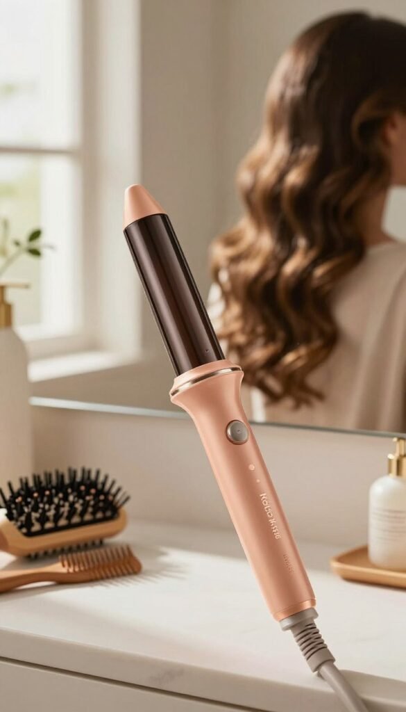A sleek, modern curling iron, elegantly designed with a ceramic barrel and integrated heat protection, sits prominently at the forefront of the image, showcasing its glossy finish in warm colors. Surrounding it, styling tools like a multi-styler and a wide-tooth comb add context, while soft waves and curls crafted from the curling iron are visibly styled in the background, conveying a sense of movement and volume. The setting is a cozy, well-lit bathroom vanity, with natural light filtering through a nearby window, casting a warm glow. The atmosphere feels inviting and stylish, perfect for a beauty-focused article. Include the brand name "KüchenKiste" subtly integrated into the design of the curling iron. The composition conveys authenticity and a Pinterest-inspired aesthetic, free from any text or distractions.