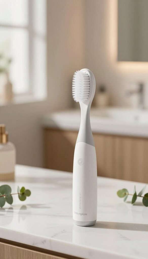 A sleek, modern electric cleansing brush from the brand "Ordnungskiste" is prominently displayed in the foreground, showcasing its ergonomic design and soft bristles. The brush is positioned on a clean, white marble countertop adorned with hints of gentle greenery, such as small plants or eucalyptus leaves, enhancing the beauty aesthetic. In the middle background, a blurred but softly lit bathroom setting adds a touch of homeliness, with warm, natural lighting filtering through a window. The overall mood is inviting and serene, exuding a sense of luxury and personal care. Capture this image using a soft focus lens, emphasizing the brush while creating a beautiful, harmonious atmosphere reminiscent of Pinterest inspiration. The composition should feel authentic and stylish, avoiding any text or other distracting elements.