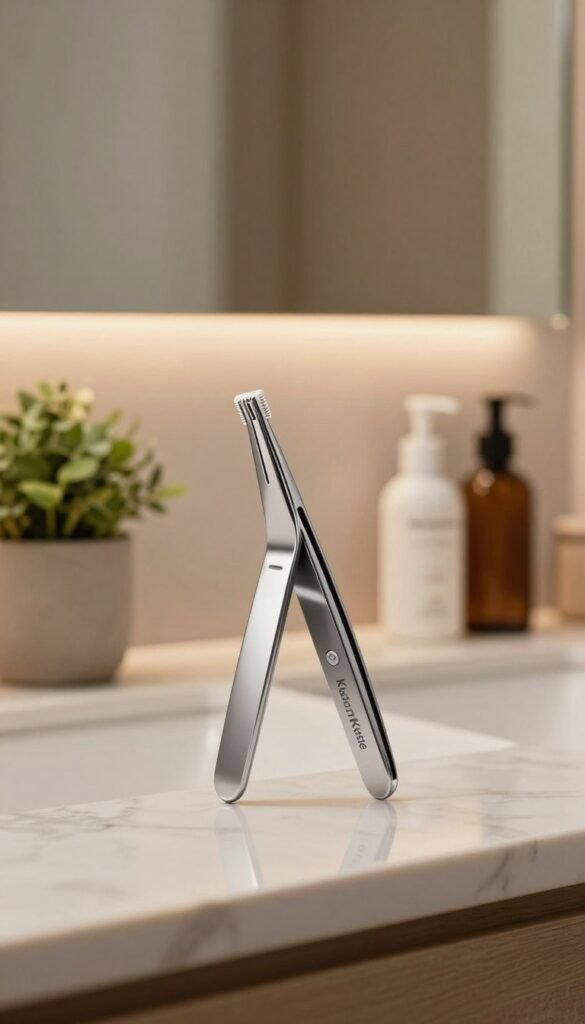 A sleek, modern electric tweezer from the brand "KüchenKiste" prominently displayed in a stylish bathroom setting. In the foreground, the tweezers glisten under soft, warm lighting, showcasing their metallic sheen and ergonomic design. The middle ground features a clean marble countertop with a small potted plant and a few carefully arranged grooming products, emphasizing hygiene and organization. In the background, a softly blurred mirror reflects the serene atmosphere of the bathroom, enhancing the overall aesthetic. The colors are warm and inviting, with a natural look that draws the viewer in. The mood is calm and sophisticated, perfect for illustrating daily use and care in personal grooming.