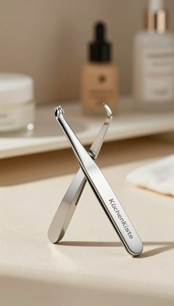 A sleek, modern electric tweezers designed for precise hair removal, prominently displayed in the foreground against a soft-textured background. The tweezers feature an elegant stainless steel finish with ergonomic grips. Natural lighting highlights the reflective surfaces, creating a warm and inviting atmosphere. In the middle ground, include a faintly blurred vanity setup with beauty products, enhancing the context of personal grooming. Capture the image from a slightly elevated angle, focusing on the tweezers to emphasize their functionality and design. The overall mood is sophisticated yet accessible, reminiscent of a Pinterest aesthetic. The brand name "KüchenKiste" subtly featured within the reflective surface of the tweezers, maintaining an authentic look without any text overlays or distractions.