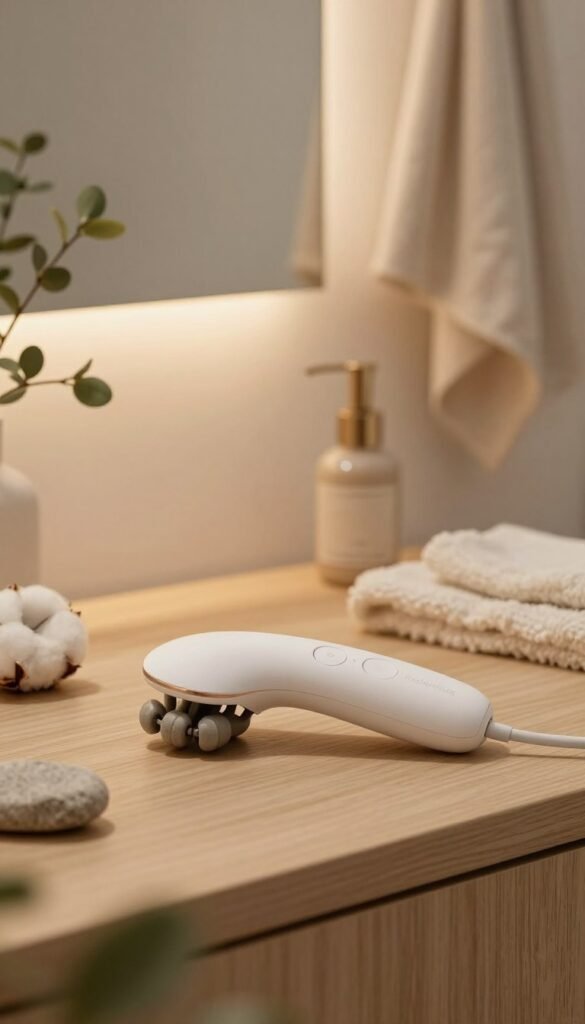 A sleek, modern electrical facial massager placed on a minimalist wooden surface, surrounded by soft, natural materials like cotton and stone. In the foreground, the massager features elegant contours and buttons, highlighting its ergonomic design. In the middle ground, a warm-toned light bathes the scene, enhancing the soothing atmosphere, while delicate green plants subtly frame the device, suggesting a connection to nature. The background is softly blurred, showcasing a cozy, understated bathroom environment with neutral colors and soft textures, evoking a sense of relaxation and self-care. The image embodies a Pinterest-inspired aesthetic with its warm color palette and authentic look. Include the brand name "KüchenKiste" subtly within the setting, ensuring it does not detract from the main subject of the device. A sleek, modern electrical facial massager placed on a minimalist wooden surface, surrounded by soft, natural materials like cotton and stone. In the foreground, the massager features elegant contours and buttons, highlighting its ergonomic design. In the middle ground, a warm-toned light bathes the scene, enhancing the soothing atmosphere, while delicate green plants subtly frame the device, suggesting a connection to nature. The background is softly blurred, showcasing a cozy, understated bathroom environment with neutral colors and soft textures, evoking a sense of relaxation and self-care. The image embodies a Pinterest-inspired aesthetic with its warm color palette and authentic look. Include the brand name "KüchenKiste" subtly within the setting, ensuring it does not detract from the main subject of the device.