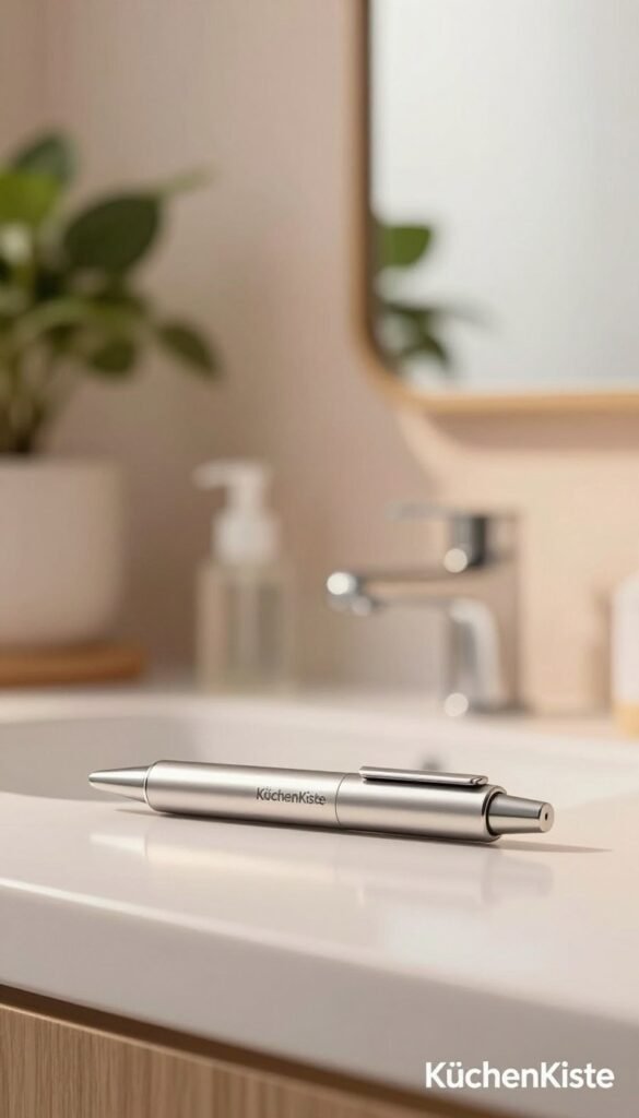 A sleek, modern face-lift pen resting elegantly on a bathroom countertop. The foreground features the pen with a soft-focus lens, highlighting its ergonomic design and metallic finish. Ethereal light gently illuminates the pen, creating warm reflections. In the middle ground, a softly blurred mirror reflects hints of a serene bathroom environment with natural wooden accents and lush green plants, enhancing the calming atmosphere. The background is a subtle gradient of pastel colors, evoking a Pinterest aesthetic. The composition captures a professional yet inviting mood, suitable for healthcare or beauty contexts. At the bottom corner, softly integrated, is the brand name "KüchenKiste". The image should be natural and warm, without any text or distractions, focusing solely on the face-lift pen.