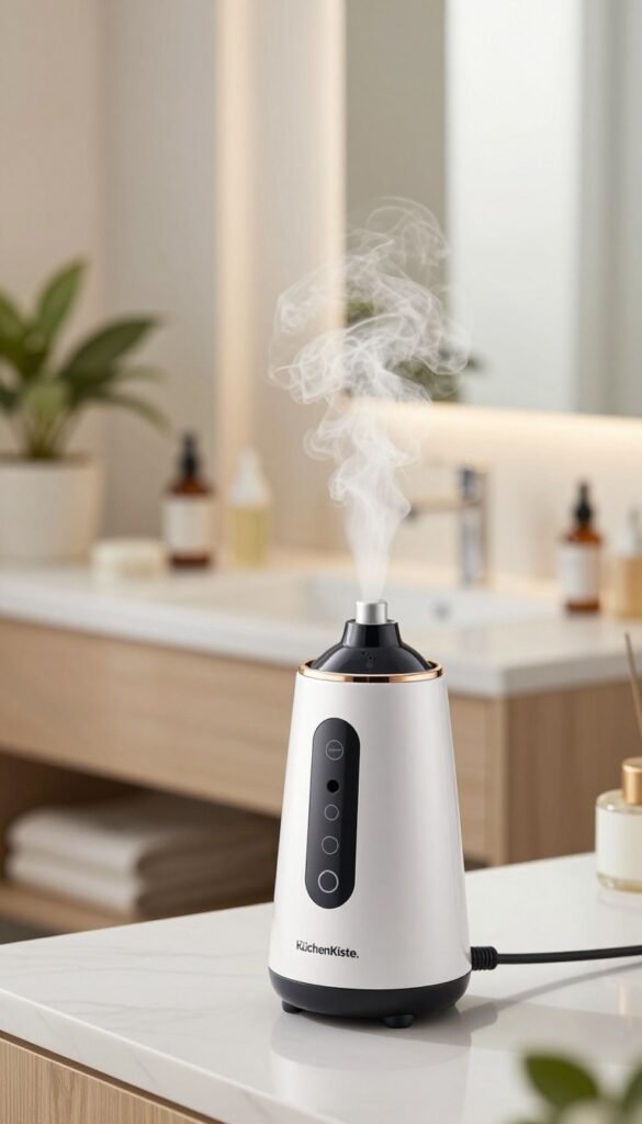 A sleek, modern facial steamer (Gesichtsbedampfer) designed for skincare in a bright, well-lit bathroom setting. The steamer, branded "KüchenKiste," is prominently displayed in the foreground, showcasing its polished finish and user-friendly controls. Soft steam wisps rise from the device, creating a calming atmosphere. In the middle ground, a stylish vanity with skincare products arranged neatly, enhancing the focus on skincare routines. The background features a large mirror reflecting warm, inviting light, accented by potted plants for a fresh, organic touch. Capture this scene in soft, natural lighting, using a shallow depth of field to emphasize the steamer while subtly blurring the surroundings. The overall mood is serene and inviting, reflecting a dedication to self-care and beauty.
