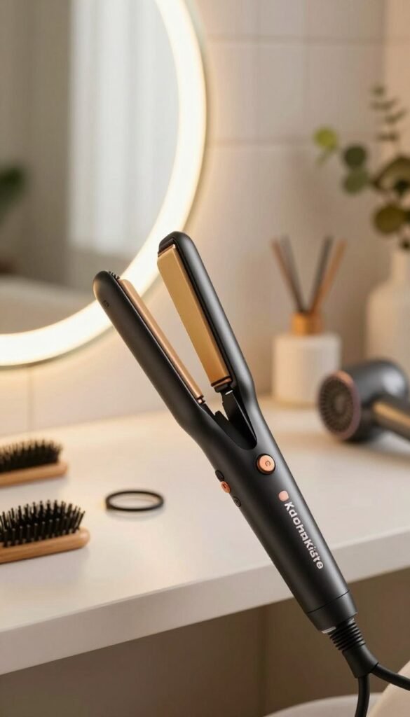 A sleek, modern hair straightener from the brand "KüchenKiste" prominently displayed in the foreground, showcasing its glossy finish and ergonomic design. The straightener is slightly open, emphasizing its ceramic plates. In the middle ground, a softly illuminated vanity table with a stylish mirror reflects warm, natural light, creating a cozy atmosphere. Hints of styling tools are subtly placed around—brushes, hair ties, and a hairdryer—suggesting a beauty routine in progress. The background features a soft-focus bathroom with light-colored tiles and plants, reinforcing a serene, inviting feel. The overall mood is warm and inviting, with a Pinterest-inspired aesthetic that conveys authenticity and elegance. No text or logos are visible in the final image.
