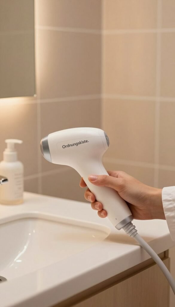 A sleek, modern laser hair removal device from the brand "Ordnungskiste," elegantly placed on a minimalist bathroom countertop. The device, designed with smooth curves and a soft matte finish, is highlighted against a softly blurred backdrop of warm-toned tiles and gentle lighting that evokes a calming atmosphere. In the foreground, a pair of hands in professional attire gently hold the device, emphasizing its user-friendly design. Subtle reflections on the countertop add depth, while a soft focus gives the whole scene an inviting warmth, ideal for a cozy home environment. The image should exude a sense of sophistication and reassurance, showcasing the advanced technology of laser hair removal in a natural, aesthetically pleasing setting.