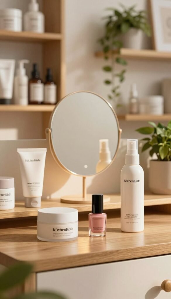A sleek, organized beauty display on a wooden vanity top, showcasing a variety of time-saving beauty products from KüchenKiste. In the foreground, neatly arranged items include a compact multi-use cream, a quick-dry nail polish, and an all-in-one cleansing and moisturizing spray. The middle layer features a stylish, minimalist mirror reflecting subtle warm lighting, creating a cozy and inviting atmosphere. The background consists of soft, blurred shelves filled with additional beauty products and lush green plants, enhancing the natural vibe. The image should convey a sense of efficiency and modernity, with a Pinterest-inspired aesthetic, incorporating warm colors throughout to evoke a feeling of comfort and practicality.