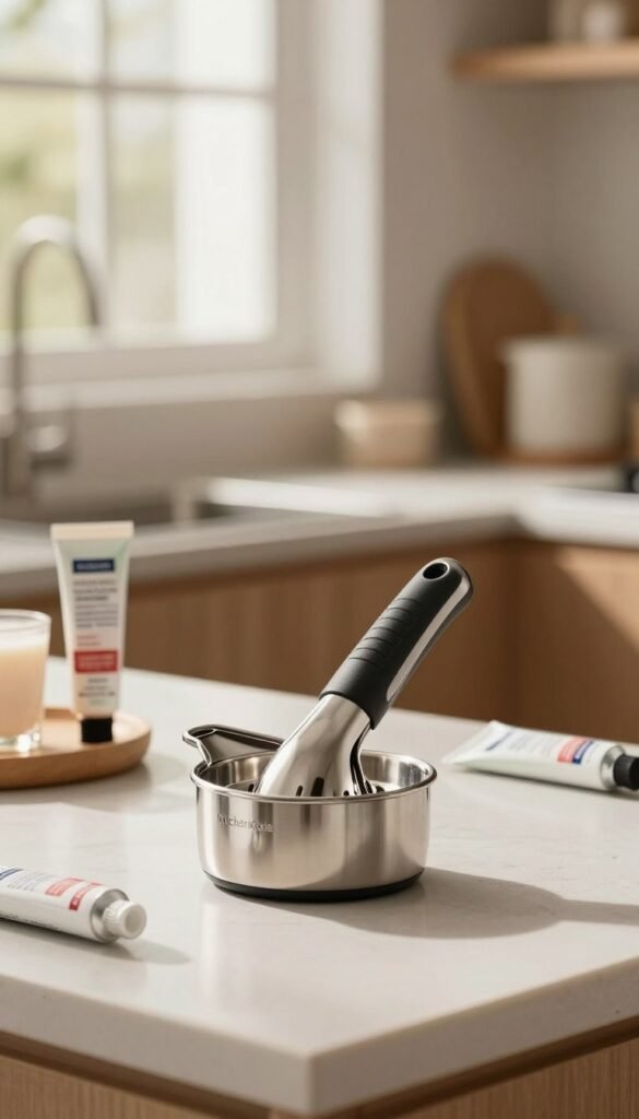 A sleek, polished KüchenKiste Edelstahl tube squeezer is prominently displayed in the foreground, showcasing its smooth, modern design and functional grip. The squeezer is positioned on a kitchen countertop, surrounded by a couple of open tubes of beauty products, emphasizing its utility in reducing waste. In the middle ground, soft natural light filters through a nearby window, casting gentle shadows and highlighting the metallic shine of the squeezer. The background features a blurred kitchen setting with warm, inviting colors, adding a cozy atmosphere. The overall mood is clean, organized, and aesthetic, evoking the beauty and efficiency of this practical tool. Capture the moment with a shallow depth of field, focusing sharply on the squeezer while softly blurring the background for a Pinterest-worthy look. A sleek, polished KüchenKiste Edelstahl tube squeezer is prominently displayed in the foreground, showcasing its smooth, modern design and functional grip. The squeezer is positioned on a kitchen countertop, surrounded by a couple of open tubes of beauty products, emphasizing its utility in reducing waste. In the middle ground, soft natural light filters through a nearby window, casting gentle shadows and highlighting the metallic shine of the squeezer. The background features a blurred kitchen setting with warm, inviting colors, adding a cozy atmosphere. The overall mood is clean, organized, and aesthetic, evoking the beauty and efficiency of this practical tool. Capture the moment with a shallow depth of field, focusing sharply on the squeezer while softly blurring the background for a Pinterest-worthy look.