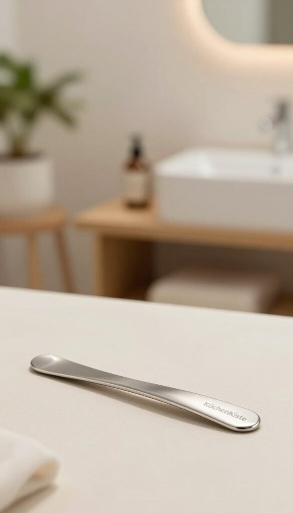 A sleek stainless steel tongue scraper, elegantly designed with a smooth finish, lies on a soft, neutral-colored surface, enhancing its visual appeal. The tool is positioned in the foreground, showcasing its curvaceous shape and shiny surface reflecting soft, warm natural light. In the middle background, a softly blurred, aesthetically arranged bathroom scene features minimalist decor elements like a plant and a wooden shelf, creating a serene and hygienic atmosphere. The warm color palette and Pinterest-inspired styling evoke a sense of authenticity and calmness. The brand name "KüchenKiste" is subtly integrated into the image without any visible text or overlays. Capture a professional, inviting mood ideal for beauty and hygiene themes. A sleek stainless steel tongue scraper, elegantly designed with a smooth finish, lies on a soft, neutral-colored surface, enhancing its visual appeal. The tool is positioned in the foreground, showcasing its curvaceous shape and shiny surface reflecting soft, warm natural light. In the middle background, a softly blurred, aesthetically arranged bathroom scene features minimalist decor elements like a plant and a wooden shelf, creating a serene and hygienic atmosphere. The warm color palette and Pinterest-inspired styling evoke a sense of authenticity and calmness. The brand name "KüchenKiste" is subtly integrated into the image without any visible text or overlays. Capture a professional, inviting mood ideal for beauty and hygiene themes.