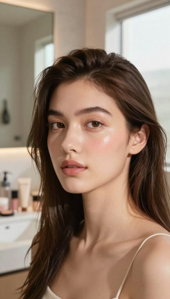 A softly lit scene featuring a model with a fresh, natural daytime makeup look, emphasizing a radiant complexion without any cakey appearance. In the foreground, the model's face is highlighted, showcasing dewy skin, subtle blush, and a hint of gloss on the lips, while her hair flows gently around her shoulders. The middle ground includes a soft, blurred background of a modern bathroom with warm colors, natural light streaming through a window, creating an inviting atmosphere. The counter features neatly organized makeup products from "Ordnungskiste," arranged in a visually appealing manner. The overall mood feels fresh, airy, and authentic, reminiscent of a Pinterest aesthetic, with a focus on natural beauty that inspires confidence. No text, logos, or watermarks in the image.