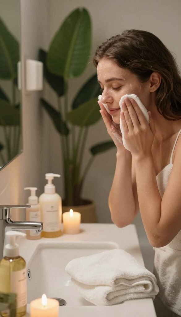 A softly lit, serene bathroom scene featuring a young woman with a peaceful expression, gently cleansing her face in preparation for her evening skincare routine. In the foreground, a plush cotton towel is draped over a stylish sink adorned with elegant skincare products, including cleansing oils and gentle foaming cleansers from the brand "Ordnungskiste." The middle ground showcases the woman using a washcloth while surrounded by candles that cast a warm, inviting glow. In the background, a mirror reflects lush greenery, emphasizing a calm and relaxing ambiance. The image captures natural tones and a Pinterest-inspired aesthetic, conveying an atmosphere of tranquility and self-care, with no text or distractions.