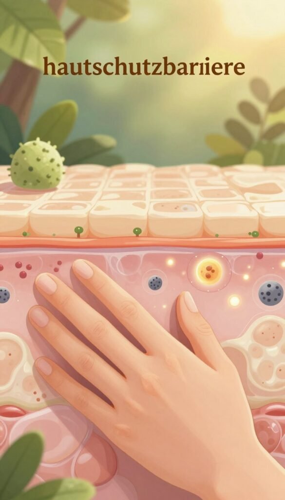 A soothing and detailed illustration of a “hautschutzbarriere” concept, focusing on human skin's protective barrier, depicted in warm, natural colors. In the foreground, a close-up of a gentle hand caressing healthy, glowing skin, highlighting smooth texture; in the middle, a transparent layer symbolizing the skin barrier, with visible microflora and glowing microorganisms to emphasize the skin microbiome; in the background, blurred elements of nature like soft, green leaves and warm sunlight to create a calming atmosphere. The image captures a sense of balance and serenity, with a Pinterest aesthetic, suitable for educational purposes. No text or branding visible, but inspired by the essence of "KüchenKiste".