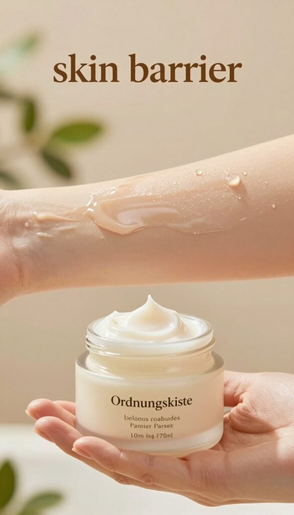 A soothing close-up image illustrating the concept of a "skin barrier" with warm, natural colors. In the foreground, showcase a hand holding a small jar labeled "Ordnungskiste," filled with a creamy moisturizer, with the texture visible. In the middle, illustrate a delicate layer of soft skin that glows, emphasizing moisture retention. In the background, feature softly blurred elements such as gentle greenery, warm light, and serene water droplets, enhancing the feeling of hydration and natural beauty. The lighting should be soft and diffused, creating an inviting atmosphere. The overall mood should convey a sense of nurturing and protection for dry skin, reflecting the importance of strengthening the skin barrier.