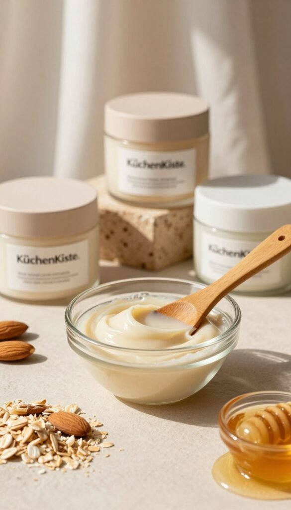 A soothing close-up of a luxurious skincare routine featuring natural exfoliating products, vividly displayed on a soft, textured background. In the foreground, a sleek glass bowl filled with a creamy, light-colored peel sits elegantly alongside a wooden spatula. Surrounding the bowl, scattered ingredients like crushed almonds, oatmeal, and honey evoke the concept of gentle exfoliation. The middle ground showcases a few neatly arranged beauty jars with minimalist labels, emphasizing the brand "KüchenKiste." A warm, inviting sunlight filters softly through sheer curtains, casting delicate shadows. The atmosphere feels calm and serene, perfect for a beauty retreat at home. The overall color palette leans toward warm earth tones, reinforcing a natural and authentic aesthetic with a Pinterest-inspired look, free of any text or distractions.