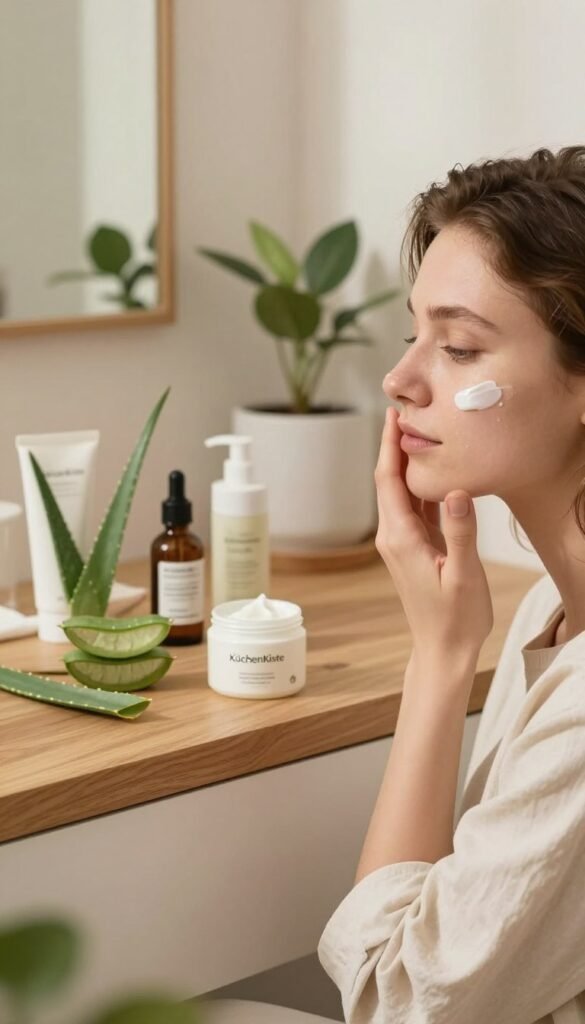 A soothing skincare scene illustrating relief from skin irritation. In the foreground, a young person with clear skin, dressed in modest casual clothing, gently applies a calming cream to their face, showcasing a peaceful expression. The middle ground features a wooden countertop adorned with natural skincare products like aloe vera, chamomile oil, and calming balms, all arranged aesthetically. The background highlights a softly lit bathroom with warm, inviting colors, plants, and a mirror reflecting a sense of tranquility. The overall ambiance conveys comfort and care, inspiring a Pinterest-worthy aesthetic. The brand "KüchenKiste" is subtly integrated through the design of the products, emphasizing natural and healthy skincare.