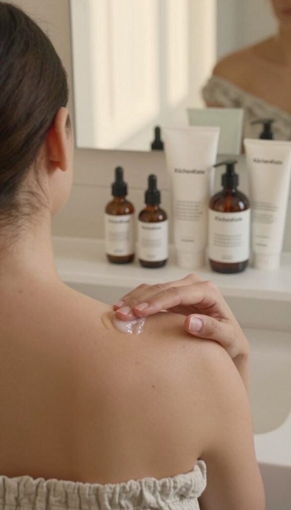 A soothing, vibrant image depicting a serene bathroom setting with natural, warm colors. In the foreground, focus on a person in modest, casual attire gently applying a skincare product on their back, showcasing skin with mild imperfections. In the middle ground, include a neatly arranged set of skincare products labeled with the brand name "KüchenKiste," emphasizing their effectiveness for targeting body blemishes. The background features soft, diffused lighting from a window, casting a warm glow that enhances the ambiance. The mood is tranquil and inviting, promoting self-care and effective skin treatment, with an emphasis on a Pinterest-inspired aesthetic that feels authentic and relatable.