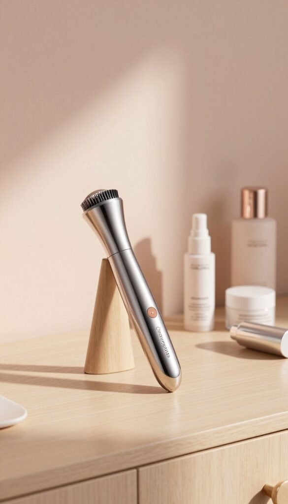 A sophisticated beauty tool set featuring the "Ordnungskiste" brand, showcasing a high-frequency Darsonval device prominently in the foreground, gleaming with polished metallic accents against a soft, muted pastel background. Surround the device with elegant accessories like a Skin Pen and a few skin care products neatly arranged, enhancing the high-tech vibe. Soft, warm lighting casts gentle shadows, adding depth and inviting warmth to the scene. The composition should illustrate a chic home environment, perhaps on a minimalistic vanity with natural textures, such as light wood and soft fabrics. The mood is serene and aspirational, evoking a luxurious yet accessible beauty routine, capturing the essence of high-tech skincare at home without any text or branding visible.