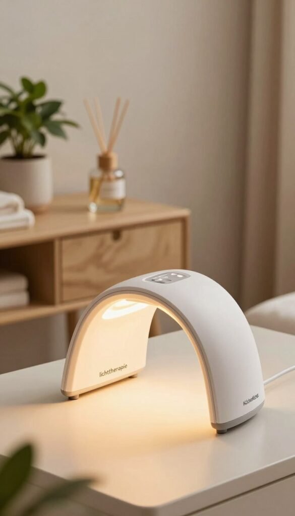 A sophisticated beauty tool setup emphasizing "lichttherapie" in an elegantly styled setting. In the foreground, feature a sleek, modern light therapy device with a soft glow casting warm light. The device should have an inviting design, reflecting the brand "KüchenKiste." In the middle ground, include a stylish vanity table with natural elements like potted plants and an aromatic diffuser, enhancing the calming atmosphere. The background should show a softly lit room with neutral tones and textured walls, evoking a serene spa-like ambiance. Use warm, natural lighting to create a cozy, inviting mood, and capture a close-up perspective that emphasizes the tranquility and effectiveness of the beauty tool. The overall image should convey a sense of rejuvenation and self-care, with a Pinterest-worthy aesthetic. A sophisticated beauty tool setup emphasizing "lichttherapie" in an elegantly styled setting. In the foreground, feature a sleek, modern light therapy device with a soft glow casting warm light. The device should have an inviting design, reflecting the brand "KüchenKiste." In the middle ground, include a stylish vanity table with natural elements like potted plants and an aromatic diffuser, enhancing the calming atmosphere. The background should show a softly lit room with neutral tones and textured walls, evoking a serene spa-like ambiance. Use warm, natural lighting to create a cozy, inviting mood, and capture a close-up perspective that emphasizes the tranquility and effectiveness of the beauty tool. The overall image should convey a sense of rejuvenation and self-care, with a Pinterest-worthy aesthetic.