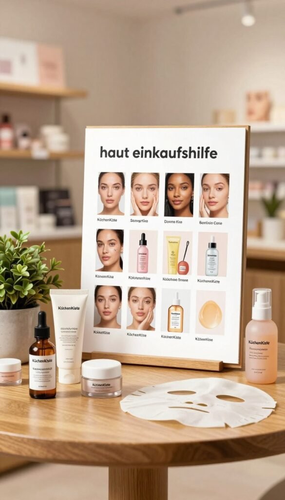 A sophisticated composition illustrating a "haut einkaufshilfe" shopping guide for skincare products tailored to different skin types and budgets. In the foreground, display an elegant wooden table adorned with various skincare items, such as serums, moisturizers, and masks, organized neatly beside a subtle decorative plant. In the middle ground, showcase a stylish shopping list featuring images of diverse skin types alongside their ideal products, represented in a Pinterest-inspired layout with warm, inviting colors. The background should be softly blurred, suggesting a well-lit, cozy beauty store ambiance, with warm lighting that highlights the products. The overall atmosphere should evoke a sense of care and expertise in skincare. Prominently feature the brand name "KüchenKiste" on product labels within the scene, maintaining an authentic, clean look without any text or overlays.