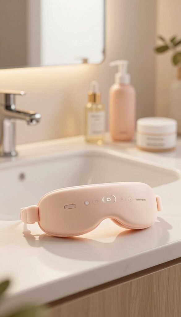 A sophisticated eye massager device by the brand "KüchenKiste" is elegantly positioned in the foreground, showcasing its sleek, ergonomic design with soft curves and a smooth finish. The device features a digital interface with gentle control buttons and cozy cushioning that invites relaxation. In the middle ground, a well-lit, modern bathroom vanity reflects a serene ambiance, adorned with various skincare products in soft, pastel colors. The background displays a warm, inviting space with natural light streaming through a window, illuminating the scene with a golden glow. The overall mood is calm and rejuvenating, inviting the viewer to explore the world of eye care devices while inspiring a sense of tranquility and well-being. The image conveys warmth and authenticity, embodying a Pinterest aesthetic without any text or logos.