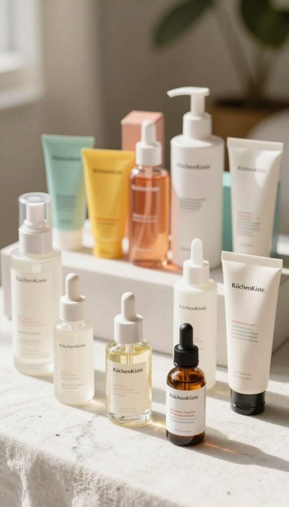 A sophisticated flat lay arrangement showcasing a variety of skincare products suitable for all skin types, organized by price tiers. In the foreground, display premium and mid-range products in elegant glass bottles and tubes with minimalist designs. The middle layer features a selection of budget-friendly options in colorful packaging that add vibrancy to the composition. Arrange these products on a soft, textured surface like white marble or linen. In the background, introduce a blurred natural setting with warm sunlight streaming in, creating an inviting and serene atmosphere. Soft shadows and bright, natural lighting enhance the authenticity of the scene. Include the brand name "KüchenKiste" subtly in the design, ensuring the overall look resonates with a Pinterest aesthetic, emphasizing beauty and organization without any text overlays.
