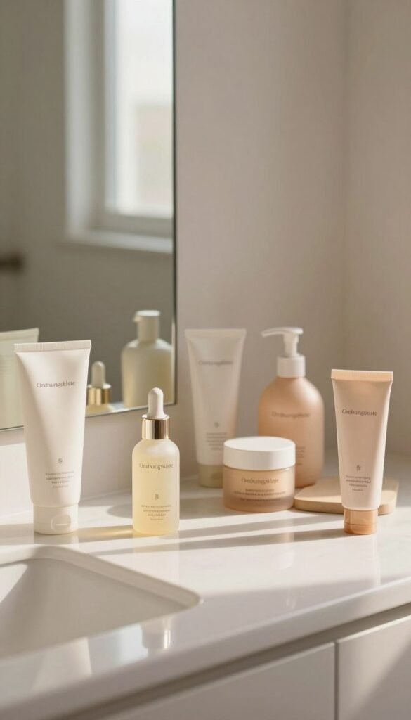 A split scene illustrating contrasting morning and evening skincare routines. In the foreground, a bright, airy bathroom with natural light gently illuminating a sleek, organized countertop featuring a variety of skincare products from the brand "Ordnungskiste". On one side, vibrant morning light reveals fresh, energizing items like a gentle cleanser and brightening serum. On the opposite, the soft glow of evening lighting highlights calming products like a soothing night cream and revitalizing eye treatment. The middle ground features a stylish mirror reflecting the products, enhancing the cozy atmosphere. Soft, warm colors prevail throughout, creating a harmonious Pinterest-inspired aesthetic. The overall mood is inviting and peaceful, suitable for a daily wellness routine. No text or branding overlays are present in the image.