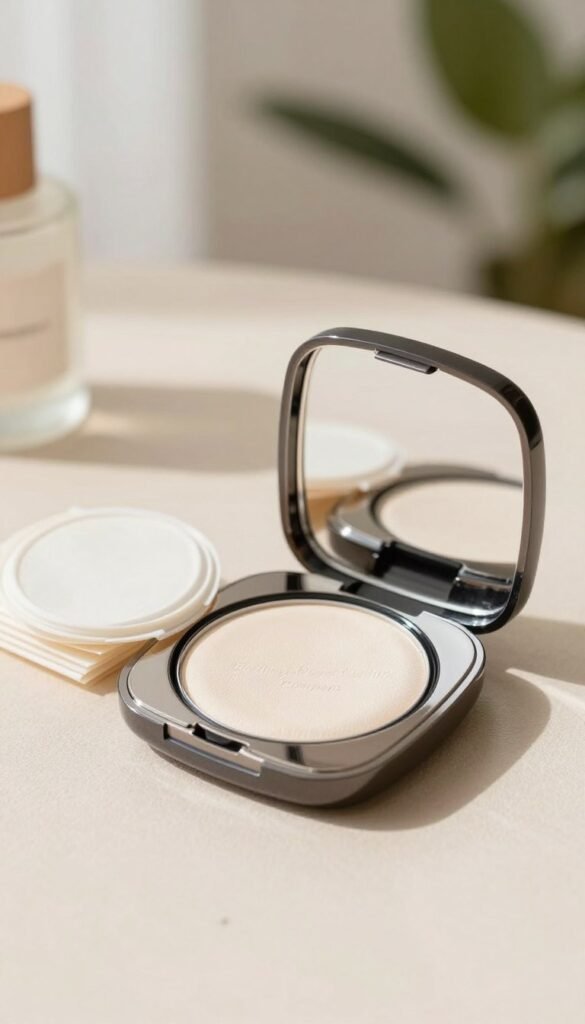 A stylish "Blotting-Paper Cushion Compact" by KüchenKiste, elegantly displayed on a soft, textured surface that conveys warmth. In the foreground, the compact is opened to reveal its gleaming mirror and a neatly arranged stack of blotting papers, exuding a sense of sophistication. The middle ground features gentle lighting that creates soft shadows, enhancing the compact’s sleek design and emphasizing its luxe features. The background is a blurred array of natural colors, resembling a serene beauty space, bringing a fresh and inviting atmosphere. The overall mood is calm and minimalistic, highlighting the compact as a must-have beauty tool. The image should embody a Pinterest-inspired aesthetic, focusing on authenticity without any text or branding overlays. A stylish "Blotting-Paper Cushion Compact" by KüchenKiste, elegantly displayed on a soft, textured surface that conveys warmth. In the foreground, the compact is opened to reveal its gleaming mirror and a neatly arranged stack of blotting papers, exuding a sense of sophistication. The middle ground features gentle lighting that creates soft shadows, enhancing the compact’s sleek design and emphasizing its luxe features. The background is a blurred array of natural colors, resembling a serene beauty space, bringing a fresh and inviting atmosphere. The overall mood is calm and minimalistic, highlighting the compact as a must-have beauty tool. The image should embody a Pinterest-inspired aesthetic, focusing on authenticity without any text or branding overlays.