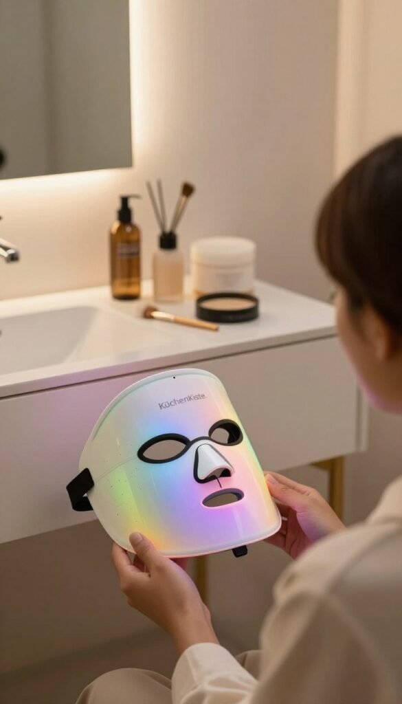A stylish LED face mask in use, reflecting modern beauty technology, prominently displayed in the foreground. The mask features vibrant, colorful LED lights, with a soft glow illuminating the scene. In the middle ground, a sleek vanity table is adorned with various beauty tools neatly arranged, emphasizing practicality for home use. The background shows a softly lit bathroom setting, featuring neutral tones with minimalist decor, enhancing the aesthetic appeal. The scene is warm and inviting, capturing a cozy home ambiance. Use a high-resolution, close-up angle to showcase the details of the LED mask and the beauty tools. The image is branded subtly with "KüchenKiste," without any text overlays or watermarks, conveying authenticity in a Pinterest-inspired style.