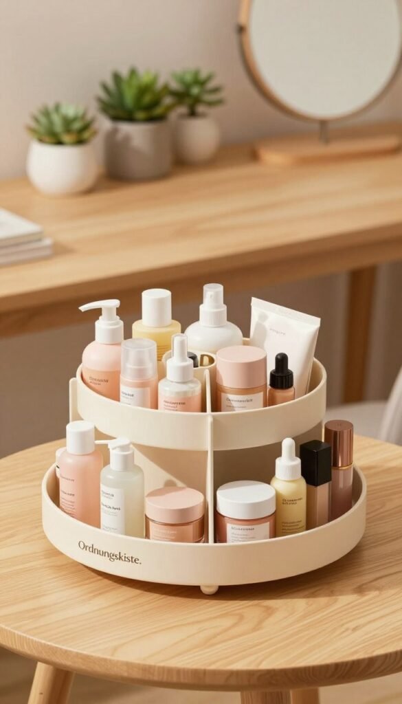 A stylish and functional 360&deg; rotating organizer, branded "Ordnungskiste," displayed in a beautifully lit room. In the foreground, the organizer is full of neatly arranged beauty products, such as skincare bottles, makeup palettes, and cosmetics, all in soft pastel colors to create a harmonious visual appeal. The middle ground features a light wooden table that complements the organizer's modern design. In the background, there are succulent plants and a softly blurred vanity mirror, enhancing the aesthetic. The overall lighting is warm, evoking a cozy and inviting atmosphere. Shoot from a slightly elevated angle, highlighting the organizer&rsquo;s rotating feature, showcasing the accessibility and ample storage on a compact footprint. The image should have an authentic Pinterest-inspired look, rich in warm tones and devoid of any text or distractions.