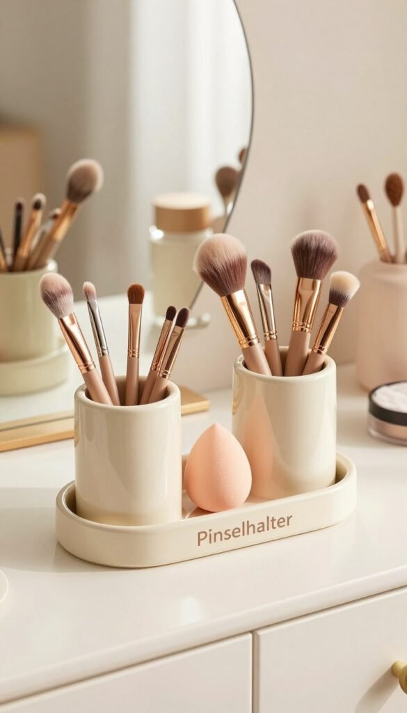 A stylish and functional "Pinselhalter" by the brand "Ordnungskiste", elegantly displayed on a bright, pastel-colored vanity. The holder is filled with various makeup brushes of different sizes, resting neatly in an organized fashion. In the middle ground, a small, decorative dish contains beauty sponges and cotton pads, arranged for hygienic accessibility. Soft, natural lighting illuminates the scene, creating warm tones that enhance the inviting atmosphere. In the background, a blurred assortment of beauty product containers and a mirror reflect a chic, Pinterest-inspired aesthetic. The overall composition conveys a sense of organization and elegance, perfect for a beauty enthusiast's space.