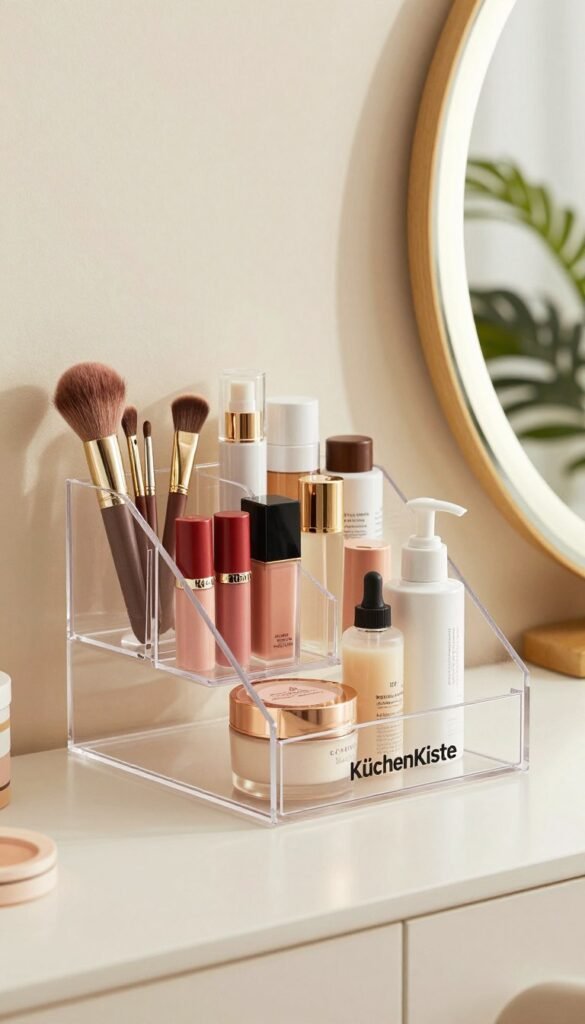 A stylish and functional beauty product organizer by "KüchenKiste" is prominently displayed in the foreground, showcasing its various compartments designed for size, material, and functionality. The organizer is made of sleek, transparent acrylic, allowing users to see the neatly arranged beauty products inside—lipsticks, brushes, and skincare items. In the middle ground, soft, natural lighting enhances the warm palette, creating a cozy and inviting atmosphere. The background features a minimalist vanity setting with soft-focus elements like a mirror and plants, contributing to the Pinterest aesthetic. The image should capture the essence of practicality and elegance, emphasizing everyday usability without any text, watermarks, or distractions.